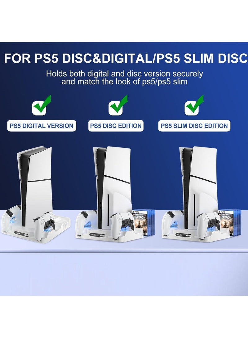 AOLION Sony 5 Playstation 5 Stand with Cooling Station and DualSense Controller Charging Station for PS5 SLIM/PRO/DE/UHD, PS5 Cooling Fan with 8 CD holder and 3 Adjustable Fan Speeds (White) - Image 3