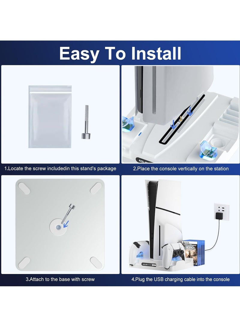 AOLION Sony 5 Playstation 5 Stand with Cooling Station and DualSense Controller Charging Station for PS5 SLIM/PRO/DE/UHD, PS5 Cooling Fan with 8 CD holder and 3 Adjustable Fan Speeds (White) - Image 5