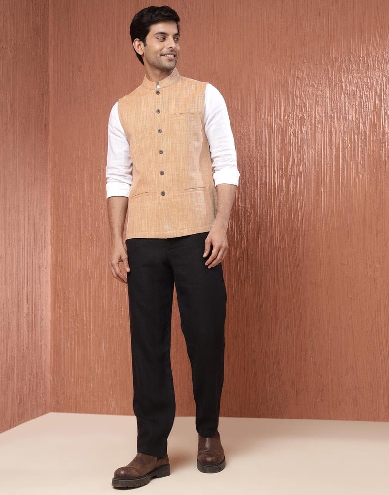 Fabindia Beige Cotton Woven Nehru Jacket - Image 5