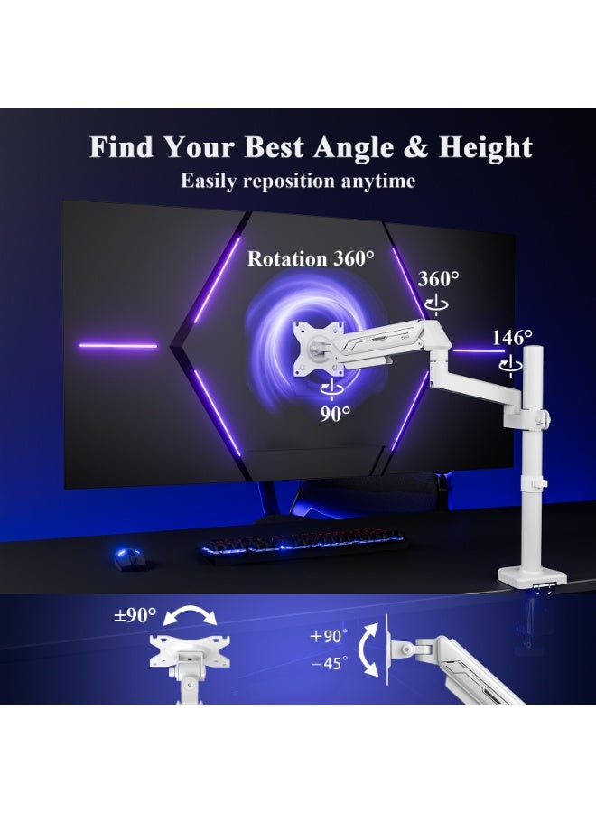 ETHU PC Gas Spring Monitor Stand With Extention Arm for 13-32 Inch Screens, VESA 75x75/100x100mm, 2-Way Assembling Clamp/Grommet, 2-9kg Capacity, Ergonomic Multi-Angle Adjustment Single Arm, White - Image 3