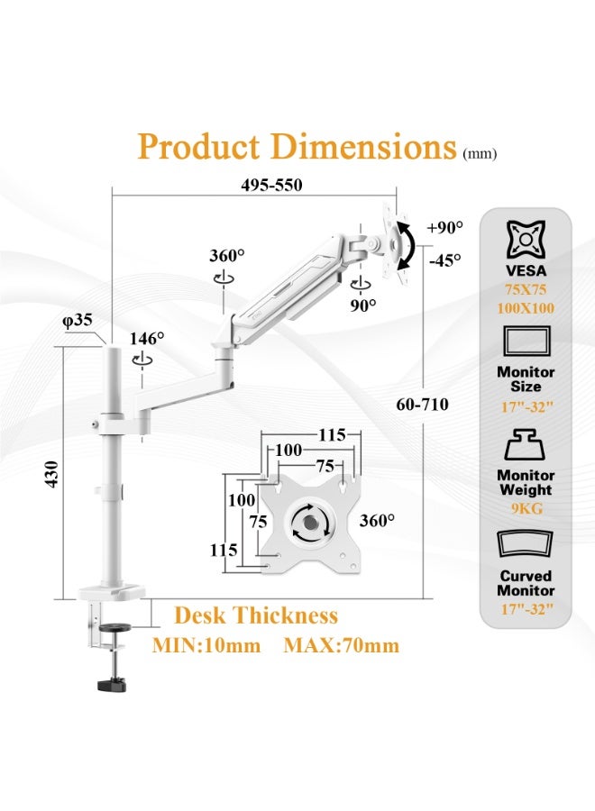 ETHU PC Gas Spring Monitor Stand With Extention Arm for 13-32 Inch Screens, VESA 75x75/100x100mm, 2-Way Assembling Clamp/Grommet, 2-9kg Capacity, Ergonomic Multi-Angle Adjustment Single Arm, White - Image 2