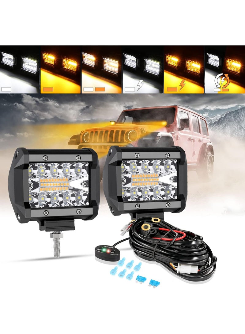 عربست شريط إضاءة LED بودات ستروب 4 بوصة، 120 واط أبيض كهرماني 6 أوضاع ضوء ضباب بقعة أضواء قيادة على الطرق الوعرة، 12000LM ثلاث صفوف وظيفة ذاكرة مع مجموعة أسلاك التوصيل، 2 حزمة  - Image 1