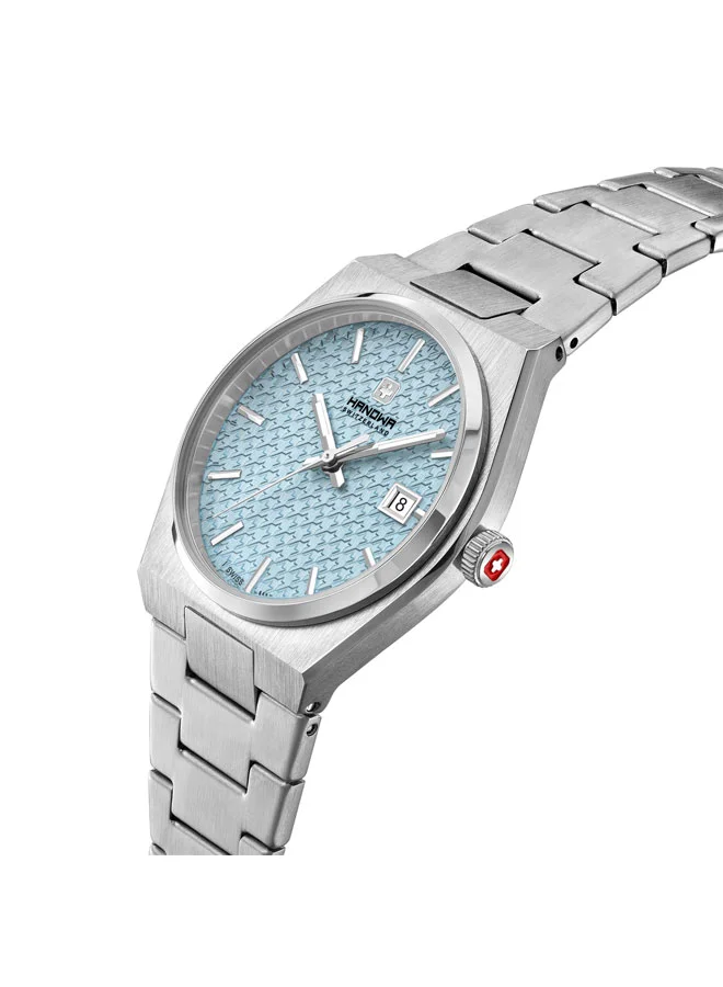 هانوا ساعة نسائية بعقارب وسوار فضي من الستانلس ستيل وميناء أزرق فاتح من لانسى  مم