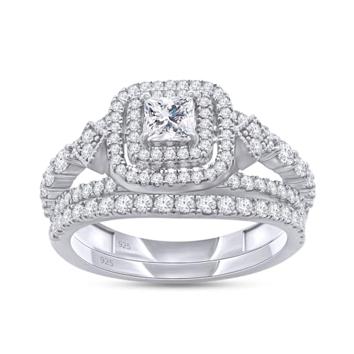 SAVEARTH DIAMONDS Double Halo Bridal Ring Sets for Women Round Lab Created Moissanite Wedding Engagement Ring with Matching Wedding Band in 14k White Gold Over 925 Sterling Silver Jewelry Gift for Her Size 5.5 - Image 1