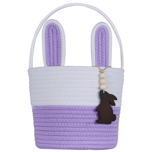 K-MLICE Easter Basket Empty Easter Basket for Girls Easter Baskets for Kids Boys Girls with Bunny Tag Egg Gifts Toddler Teens Babys First Easter with Handle Purple - Image 1