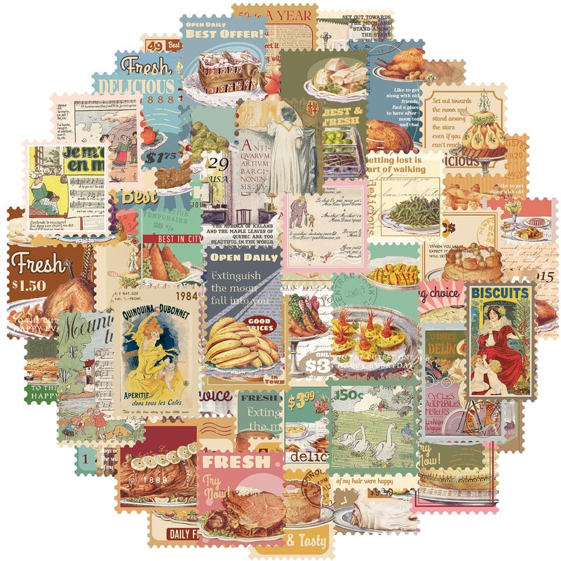 Prstincol 100 Pcs Scrapbooking Stickers,Food Stickers for Scrapbooking,Vintage Stamp Sticker for Journaling,Retro Poster Sticker for Water Bottle Laptop Phones Bullet Journal - Image 1