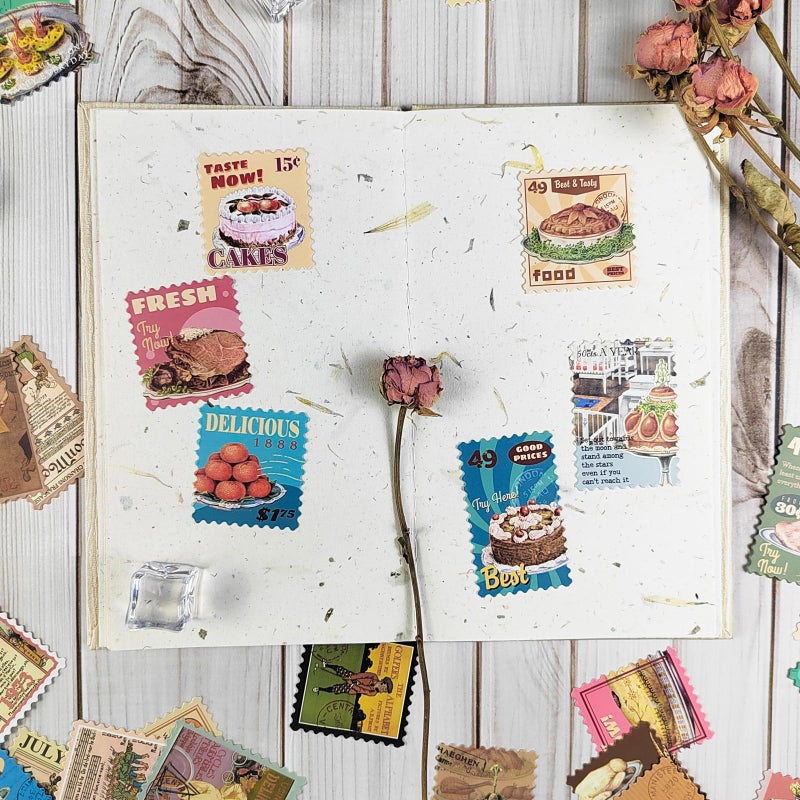 Prstincol 100 Pcs Scrapbooking Stickers,Food Stickers for Scrapbooking,Vintage Stamp Sticker for Journaling,Retro Poster Sticker for Water Bottle Laptop Phones Bullet Journal - Image 4