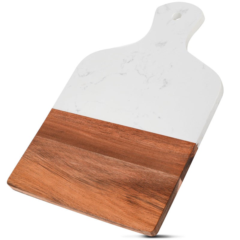 Coloch Marble and Acacia Wood Cutting Board Charcuterie Chopping Board with Handle Decorative Serving Board for Cheese Steak Bread Fruit white - Image 2