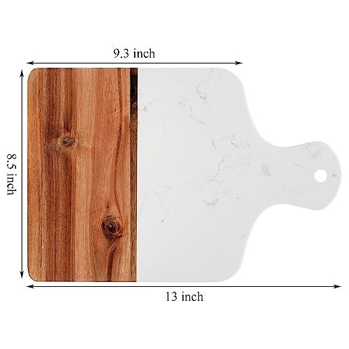 Coloch Marble and Acacia Wood Cutting Board Charcuterie Chopping Board with Handle Decorative Serving Board for Cheese Steak Bread Fruit white - Image 3