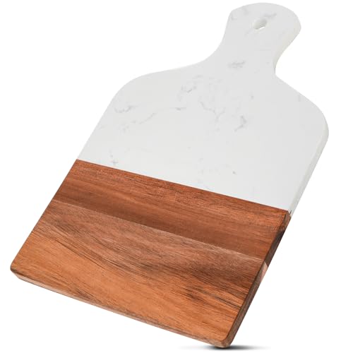 Coloch Marble and Acacia Wood Cutting Board Charcuterie Chopping Board with Handle Decorative Serving Board for Cheese Steak Bread Fruit white - Image 1