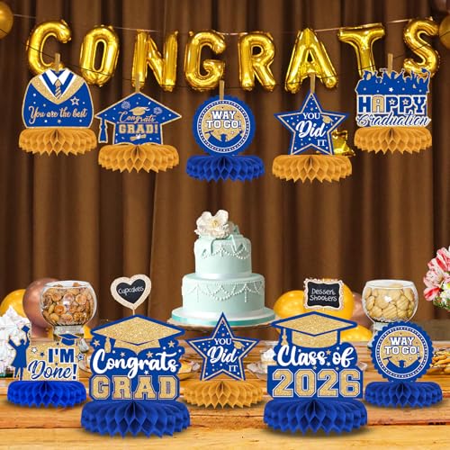 PERFQU 8 Pieces Class of 2026 Graduation Table Decorations 2026 Congrats Grad Honeycomb Centerpieces Graduation Table Toppers Decor for 2026 Graduation Party Decorations Favor Supplies Blue and Gold - Image 5