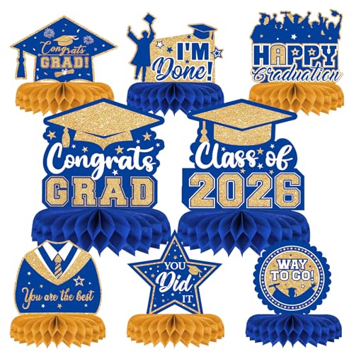PERFQU 8 Pieces Class of 2026 Graduation Table Decorations 2026 Congrats Grad Honeycomb Centerpieces Graduation Table Toppers Decor for 2026 Graduation Party Decorations Favor Supplies Blue and Gold - Image 1