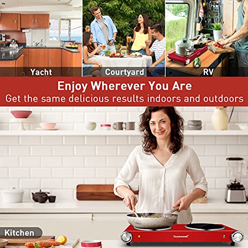 Techwood Hot Plate, Techwood 1800W Dual Electric Stoves, Countertop Stove Double Burner for Cooking, Infrared Ceramic Hot Plates Double Cooktop, Red, Brushed Stainless Steel Easy To Clean Upgraded Version, Red - Image 2