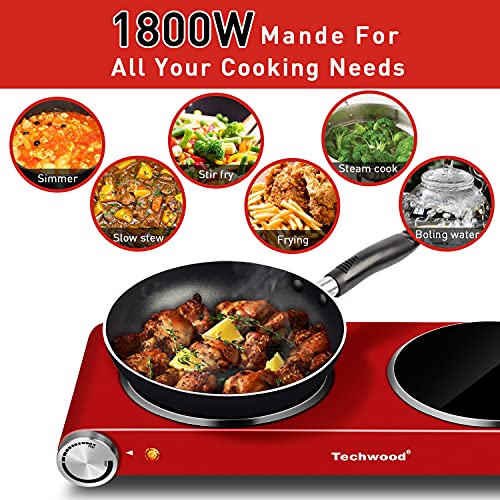 Techwood Hot Plate, Techwood 1800W Dual Electric Stoves, Countertop Stove Double Burner for Cooking, Infrared Ceramic Hot Plates Double Cooktop, Red, Brushed Stainless Steel Easy To Clean Upgraded Version, Red - Image 4