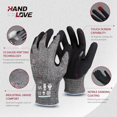 HandLove Cut Resistant Gloves – ANSI A9 Cut Proof Safety Work Gloves | Sandy Nitrile Anti-Slip, Touchscreen, Durable, PFAS Free | Wood Carving, Gardening, Glass Cutting, Car Repair – Yellow,1Pair,M - Image 2