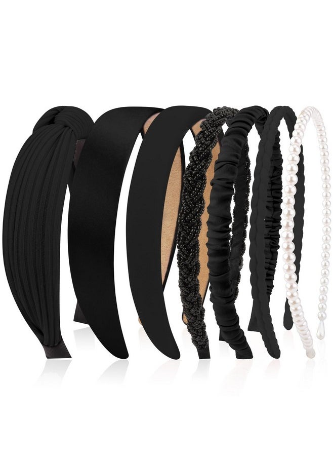 Velscrun VELSCRUN Headbands for Women 7 Pcs Different Black Fashion Knotted Solid Head Bands Pearl Headband Non Slip Hair Band for Womens Gilrs Thin Thick Short Hair Face Wash Hair Accessories  - Image 1