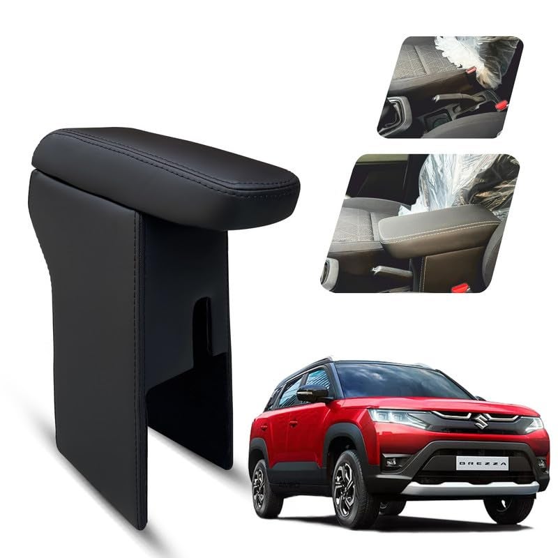Carigiri Premium Finish Car Armrest with Storage Box And High Density Moulded Foam For Maruti Suzuki New Vitara Brezza (Models-2022-2024) (Black With Black Double Stitching,Nappa Leatherette) - Image 1
