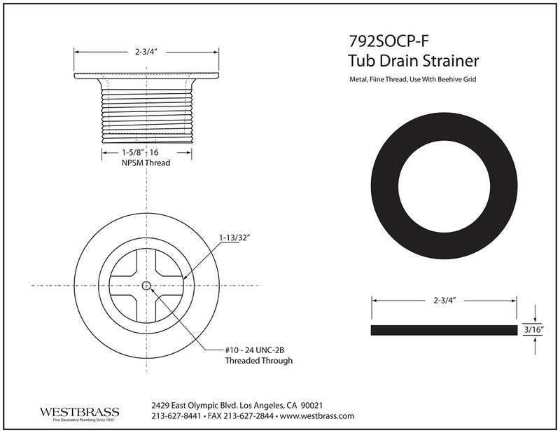 ويست براس Westbrass 792Socp-F حوض تصريف الجسم 1-3/8 بوصة - كروم مصقول بخيط رفيع - Image 2
