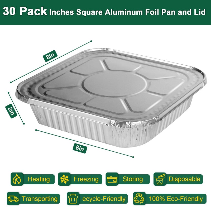Alfolic 8x8 Aluminum Pans with Lids - 30 Pack Disposable Baking Square Aluminum Foil Pans with Covers - Tin Foil Pans for Air Fryer, Oven, Cooking - Image 2
