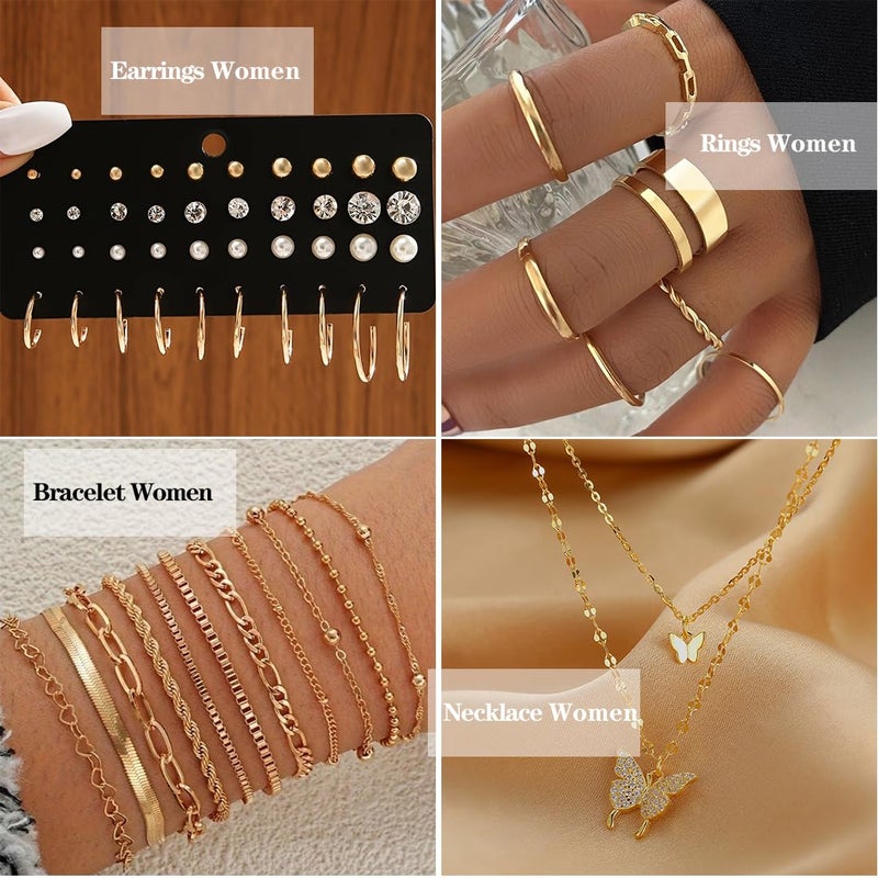 IFNODO 47pcs Gold Jewelry Set With 3 PCS Necklace, 11 PCS Bracelet,20pcs Hoop Stud Earrings,7pcs rings set For Women For Birthday Gifts - Image 4