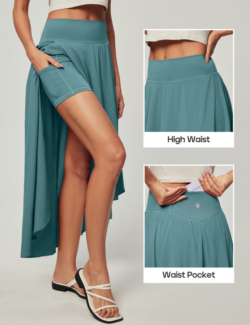 Heathyoga High Waist Wrap Skirt with Shorts Flowy Skirts for Women Trendy Summer Ruffle High Low Maxi Skirt with Slit Green - Image 4