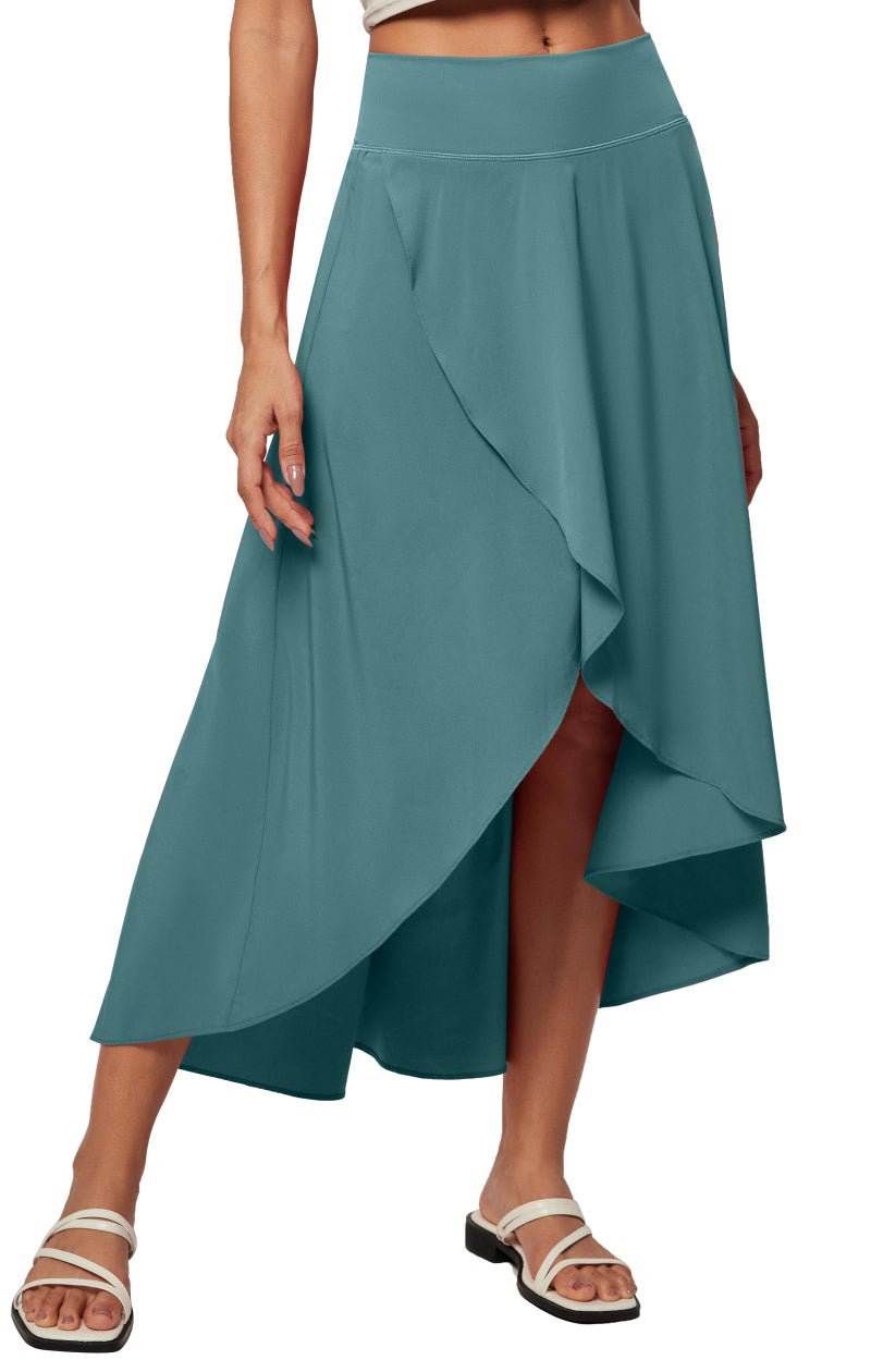 Heathyoga High Waist Wrap Skirt with Shorts Flowy Skirts for Women Trendy Summer Ruffle High Low Maxi Skirt with Slit Green - Image 1