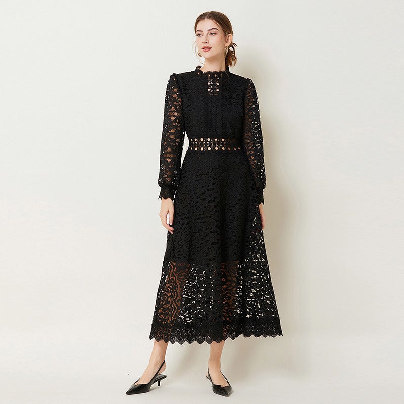 in stock foreign trade French socialite spring and summer new short sleeve fashion waist hollow design dress Black - Image 1