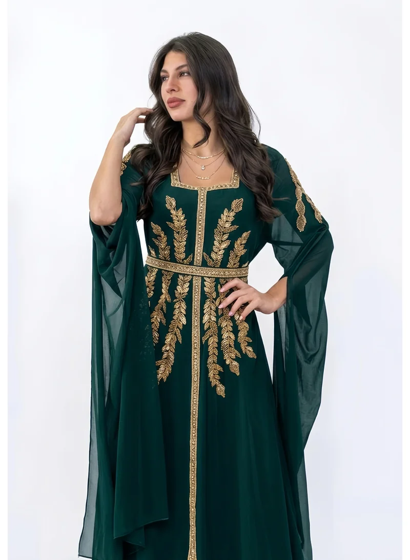 AL BENT AL SHARQIEH Dark Green emboidered chiffon kaftan dress for Women | Best Price UAE