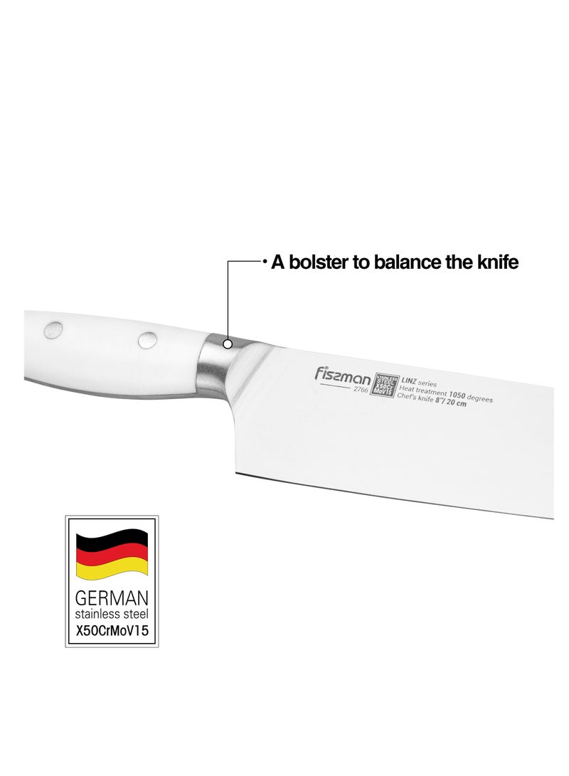 Fissman 8''Chef Knife Kitchen Knife Ultra Sharp, German X50Cr15MoV Stainless Steel Knife Linz Series | Professional Well-Balanced Kitchen Knife | White ABS Ergonomic Handle for Kitchen, Restaurant  - Image 3