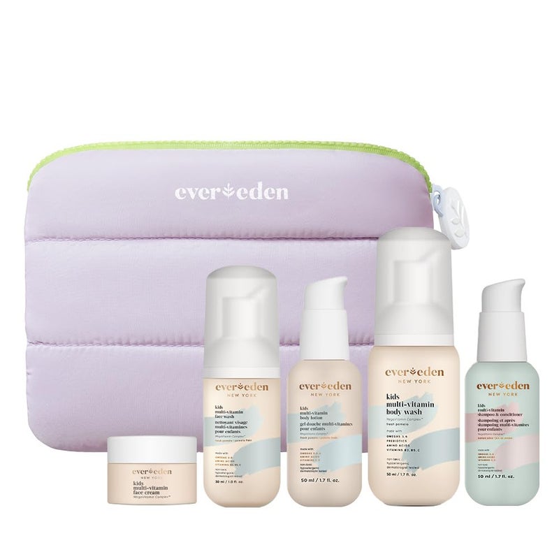 Evereden Kids Travel Essentials Set: Clean & Vegan 5-Piece Skin Care Travel Set for Kids | Body Wash, Lotion, Face Wash, Cream, 2-in-1 Shampoo & Conditioner | TSA-approved | Stocking Stuffers for Kids - Image 1