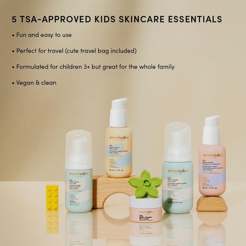 Evereden Kids Travel Essentials Set: Clean & Vegan 5-Piece Skin Care Travel Set for Kids | Body Wash, Lotion, Face Wash, Cream, 2-in-1 Shampoo & Conditioner | TSA-approved | Stocking Stuffers for Kids - Image 2
