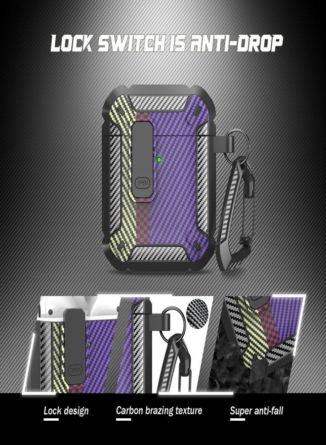 RFUNGUANGO for AirPods 2nd Generation Case Cover with Cleaner Kit, Military Hard Shell Protective Armor with Lock for AirPod Gen 1&2 Charging Case, Front LED Visible, Carbon Fiber Purple - Image 2