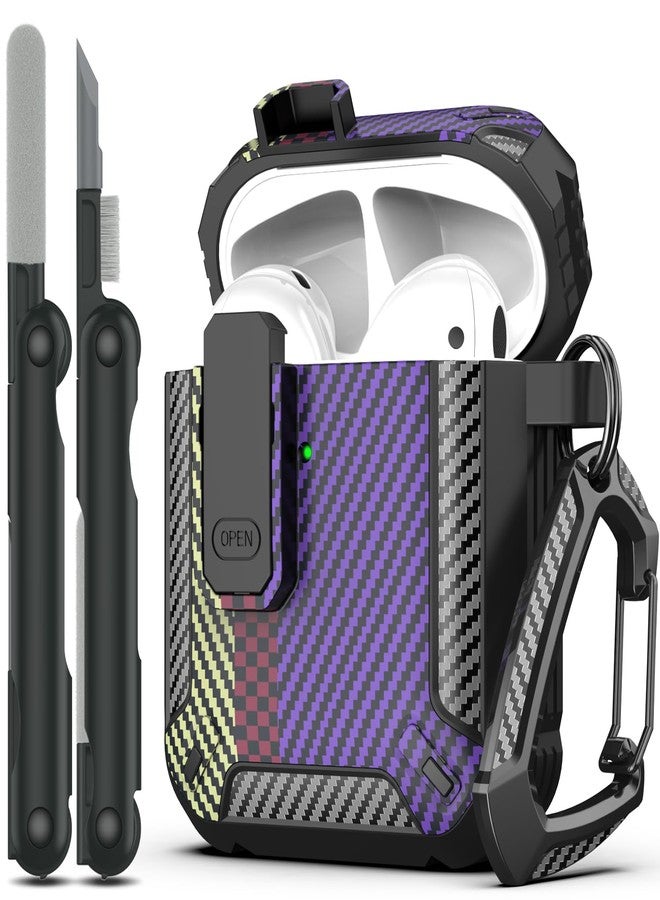 RFUNGUANGO for AirPods 2nd Generation Case Cover with Cleaner Kit, Military Hard Shell Protective Armor with Lock for AirPod Gen 1&2 Charging Case, Front LED Visible, Carbon Fiber Purple - Image 1