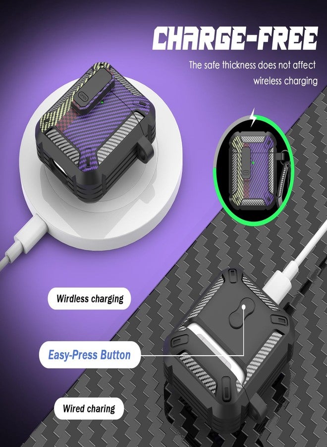 RFUNGUANGO for AirPods 2nd Generation Case Cover with Cleaner Kit, Military Hard Shell Protective Armor with Lock for AirPod Gen 1&2 Charging Case, Front LED Visible, Carbon Fiber Purple - Image 4