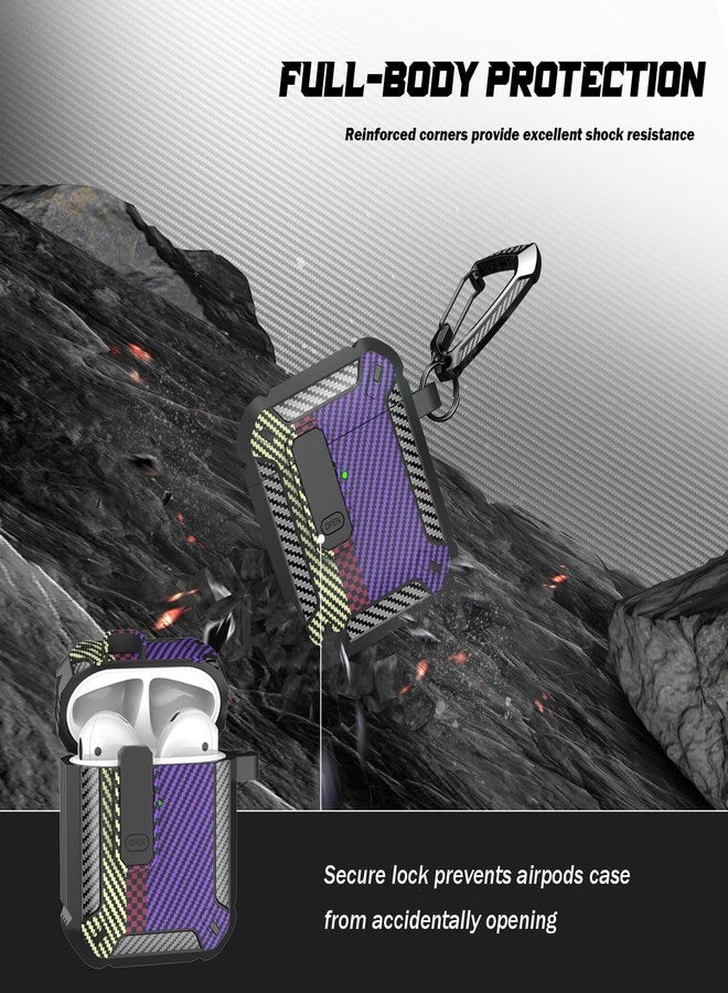 RFUNGUANGO for AirPods 2nd Generation Case Cover with Cleaner Kit, Military Hard Shell Protective Armor with Lock for AirPod Gen 1&2 Charging Case, Front LED Visible, Carbon Fiber Purple - Image 3