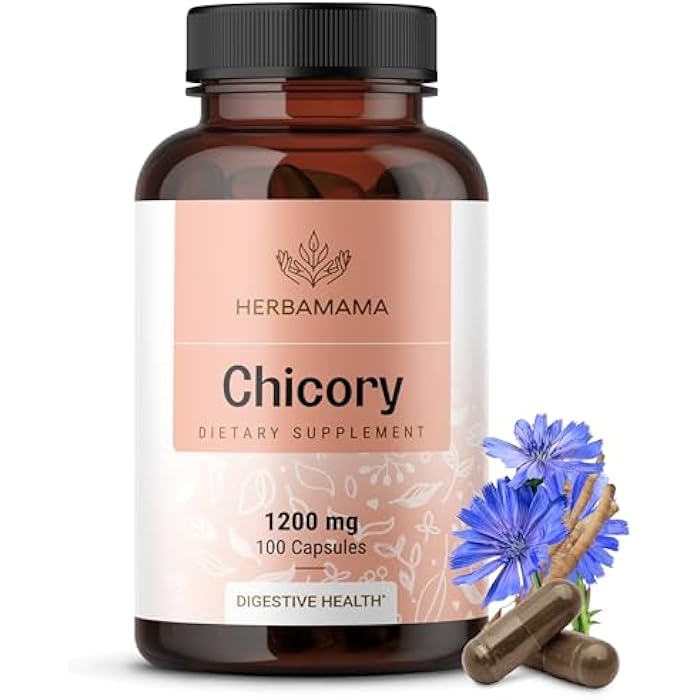 HERBAMAMA Chicory Root Fiber Capsules - 1200mg Chicory Root Powder for Gut Cleanse & Digestive Support - Vegan, Non-GMO Inulin Prebiotic Fiber Supplement - Image 1