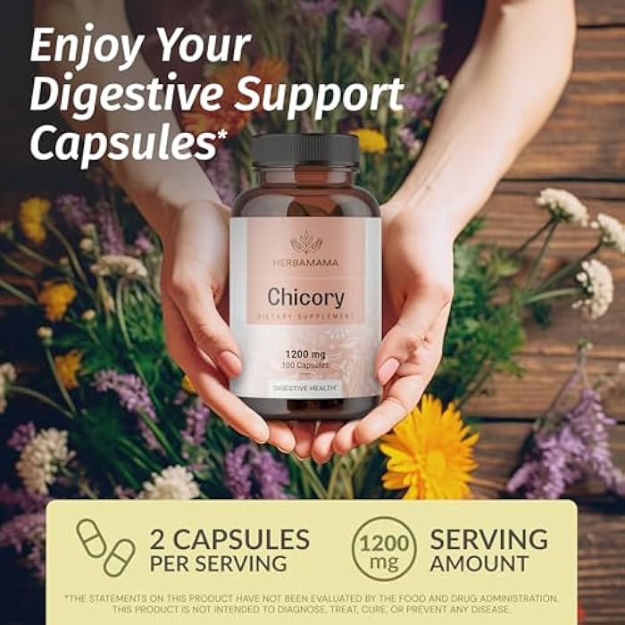 HERBAMAMA Chicory Root Fiber Capsules - 1200mg Chicory Root Powder for Gut Cleanse & Digestive Support - Vegan, Non-GMO Inulin Prebiotic Fiber Supplement - Image 2