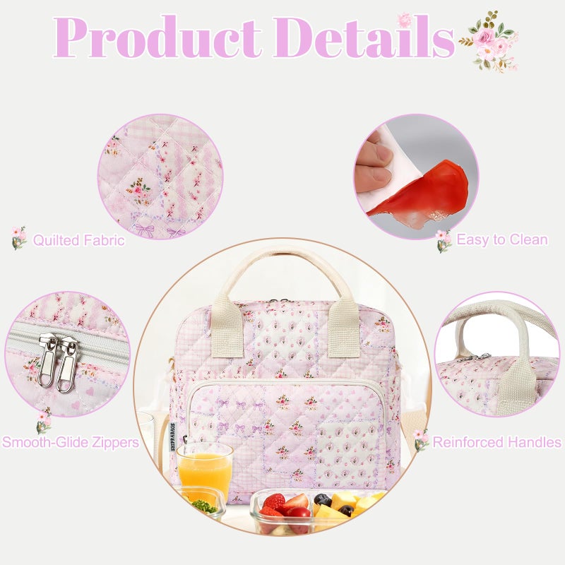 shiprabags Quilted Lunch Box for Women, Large Insulated Lunch Bag for Adult,Elegant Purple Floral Cute Portable Tote Bags for Work Travel Beach Picnic(Purple,M) - Image 3