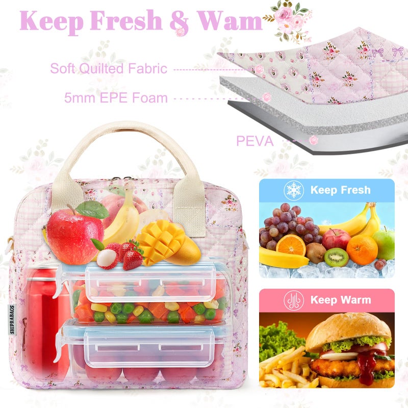 shiprabags Quilted Lunch Box for Women, Large Insulated Lunch Bag for Adult,Elegant Purple Floral Cute Portable Tote Bags for Work Travel Beach Picnic(Purple,M) - Image 5