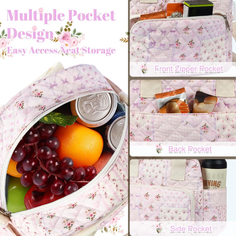 shiprabags Quilted Lunch Box for Women, Large Insulated Lunch Bag for Adult,Elegant Purple Floral Cute Portable Tote Bags for Work Travel Beach Picnic(Purple,M) - Image 4