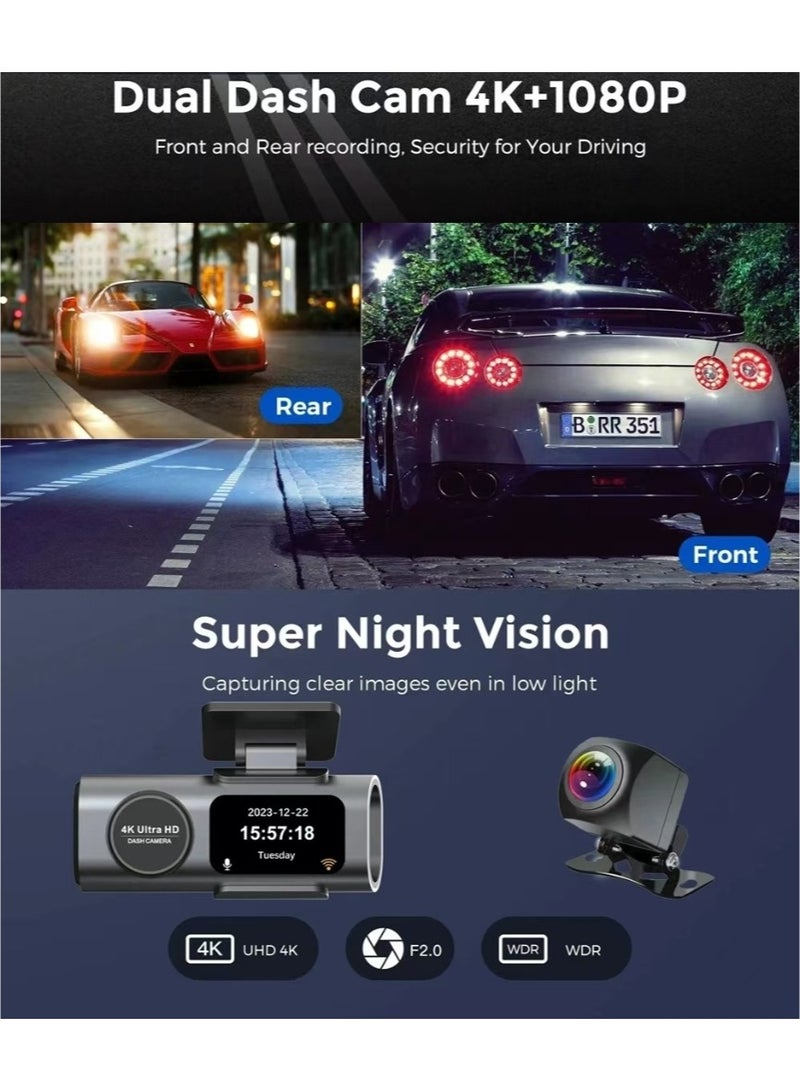 Generic 4K Dash Cam Car Camera Front Rear Dash Camera For Cars 2 Channels Dual Lens Ultra Wide Angle Dashcams With Night Vision WiFi Control Gravity Induction 24 Hours Parking Mode Loop Recording WDR  - Image 3