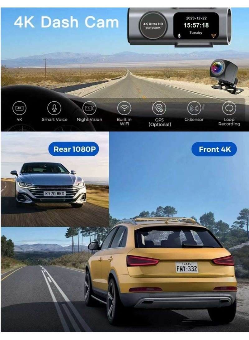 Generic 4K Dash Cam Car Camera Front Rear Dash Camera For Cars 2 Channels Dual Lens Ultra Wide Angle Dashcams With Night Vision WiFi Control Gravity Induction 24 Hours Parking Mode Loop Recording WDR  - Image 4