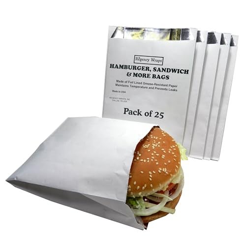Regency Wraps Grease Resistant Snack Serving Bags, Foil Lined, Pack of 25 For Burgers, Sandwiches, Panini's, Pitas, Insulated to Keep food Warm - Image 1