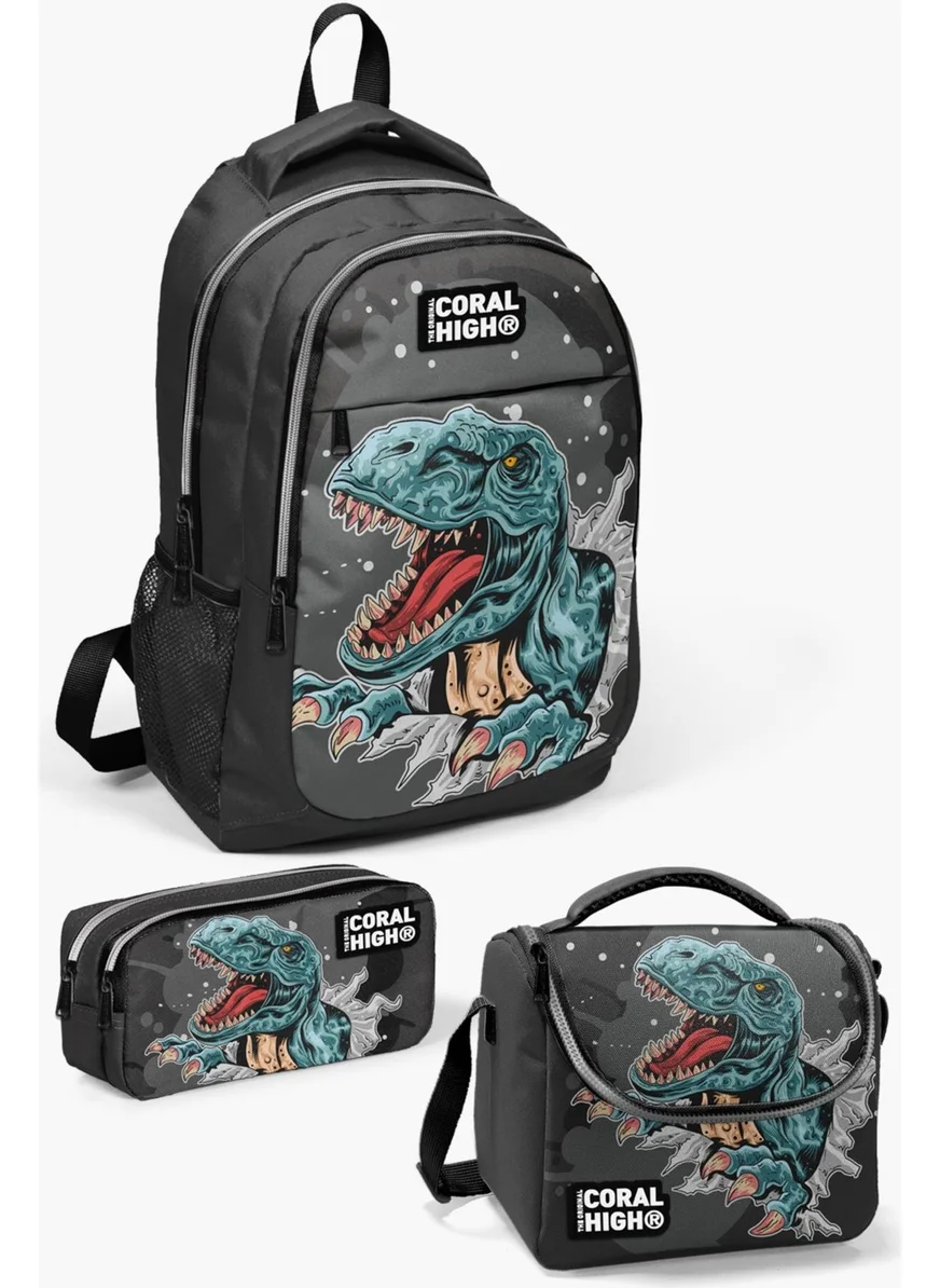 كورال هاي Kids Dark Gray Black Dinosaur Patterned 3-Piece School Bag Set SET0114386