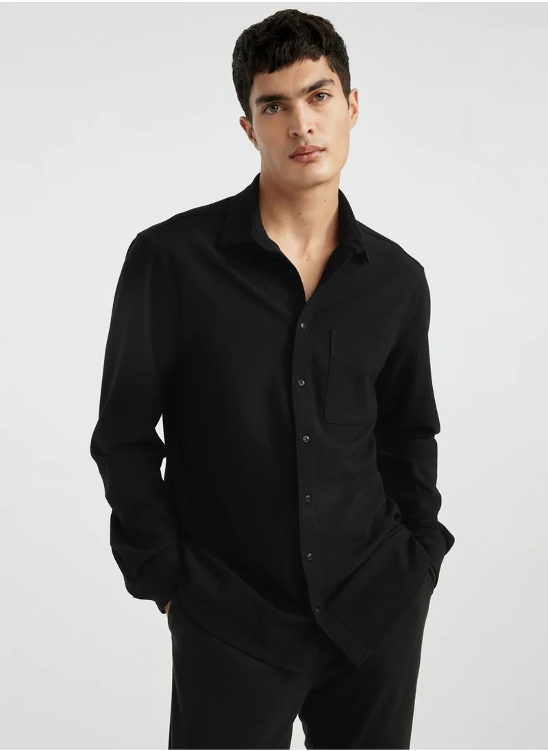 ديفاكتو Regular Fit Polo Collar Crinkle Long Sleeve Shirt