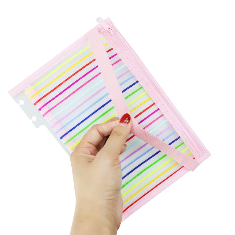 Chris.W Discbound Notebook Elastic Band Pen Holder, Junior Size Disc Bound Planner Cover Mesh Pencil Case Bag, Zipper Pouch for Pens Cards Stickers School Supplies (5.5inx8.5in, Pink with Stripe) - Image 3