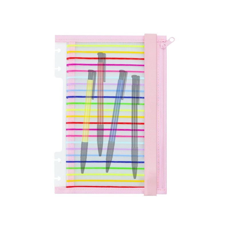 Chris.W Discbound Notebook Elastic Band Pen Holder, Junior Size Disc Bound Planner Cover Mesh Pencil Case Bag, Zipper Pouch for Pens Cards Stickers School Supplies (5.5inx8.5in, Pink with Stripe) - Image 1