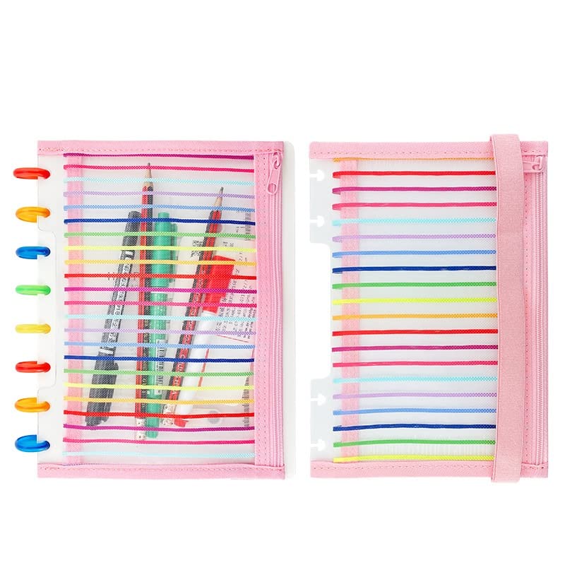 Chris.W Discbound Notebook Elastic Band Pen Holder, Junior Size Disc Bound Planner Cover Mesh Pencil Case Bag, Zipper Pouch for Pens Cards Stickers School Supplies (5.5inx8.5in, Pink with Stripe) - Image 2