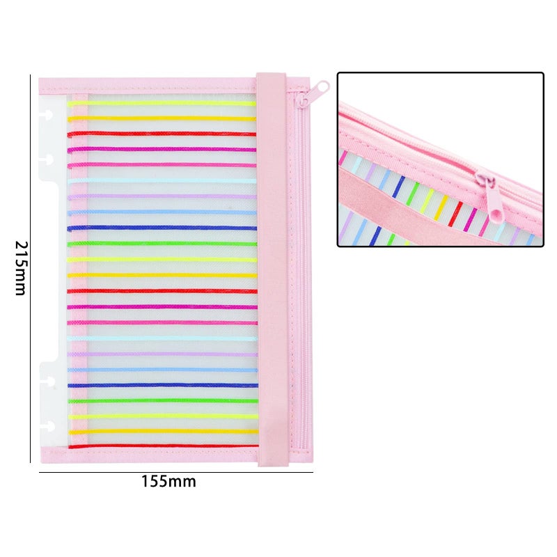 Chris.W Discbound Notebook Elastic Band Pen Holder, Junior Size Disc Bound Planner Cover Mesh Pencil Case Bag, Zipper Pouch for Pens Cards Stickers School Supplies (5.5inx8.5in, Pink with Stripe) - Image 4