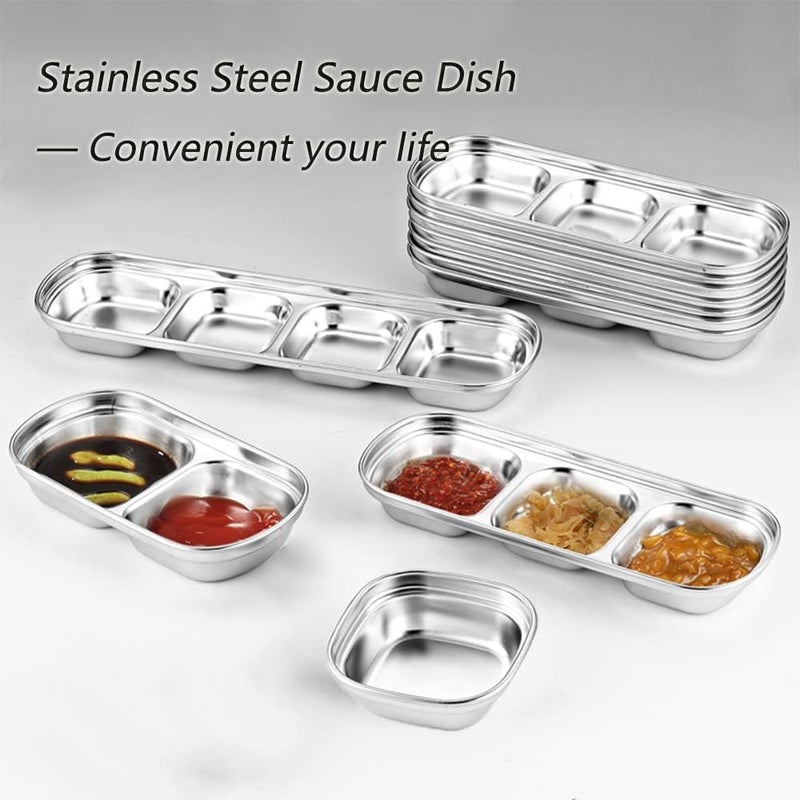 drizzle 3PCS Sauce Dish Stainless Steel Soy Tomato Sauce Salt Vinegar Sugar Spices Flavor Condiment Dip Bowls Korean BBQ Home Kitchen Plates - Image 4